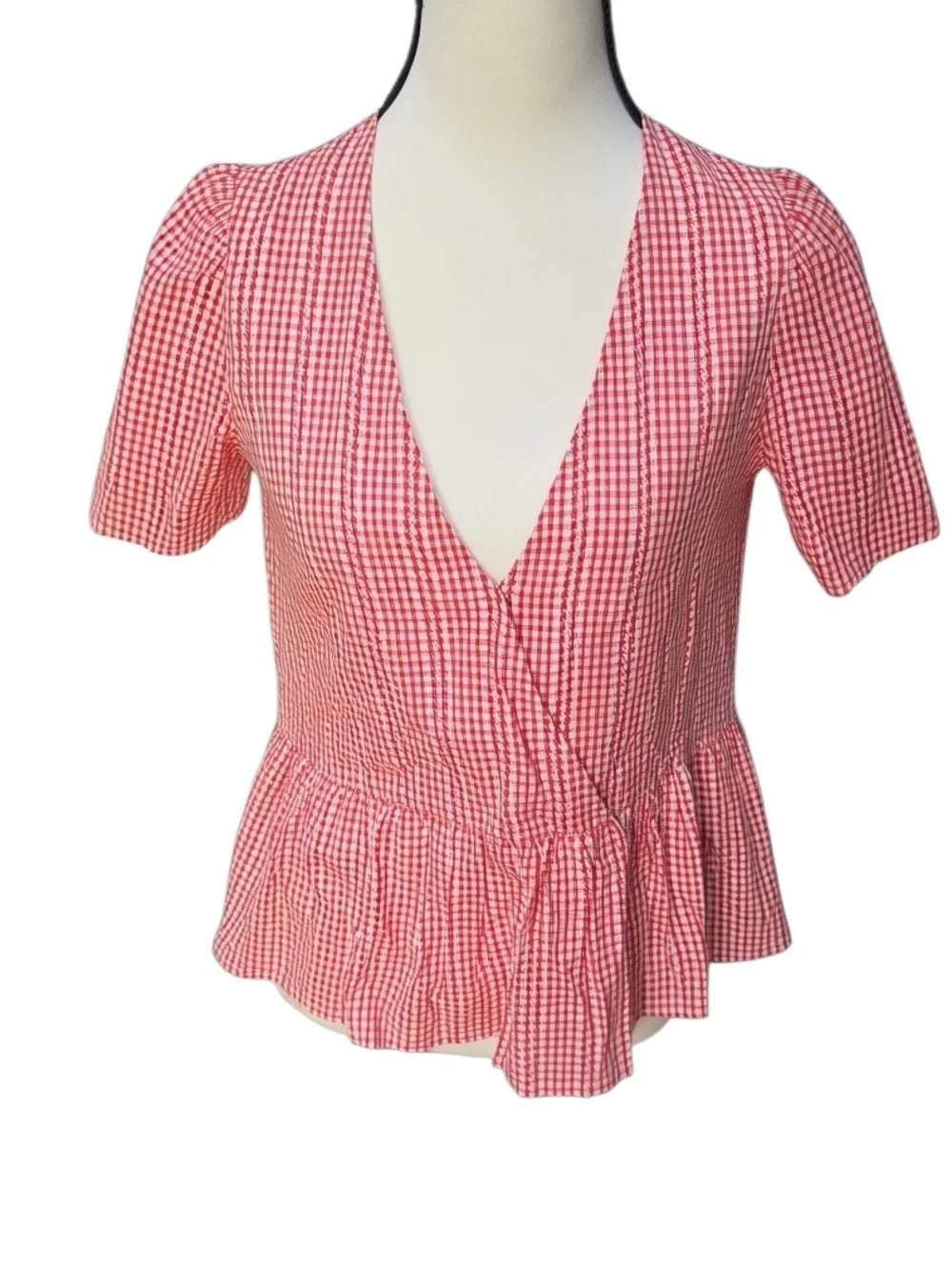 NEW Madewell Pink Gingham V-Neck Peplum Blouse